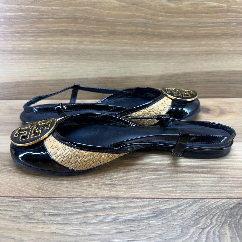 Tory Burch Jolie Woven Raffia Reva Flats Womens 6.5 Black Gold Slingback